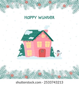 Feliz inverno. Bonito Natal e casa de inverno. Casa decorada no fundo da neve caindo, abetos e um boneco de neve. Ilustração vetorial em estilo plano.