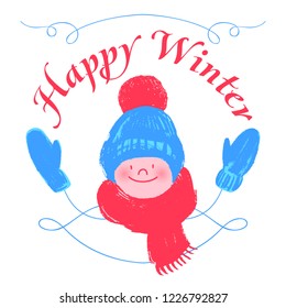 Happy winter. Cute kids character. Vector illustration