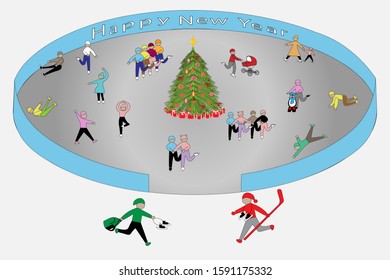 Happy winter day at the skating rink. Many silhouettes of skaters in different poses. 