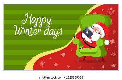 Happy winter days vector, Santa Claus character sitting in armchair with laptop with pine tree logo. Christmas holidays greeting poster. Man sleeping in chair, relaxing at home. St Nicholas in costume