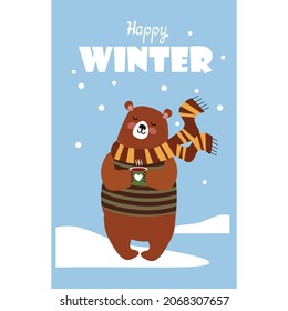 Happy winter. Editable template with a bear in a scarf. Flat design. Vector illustration.