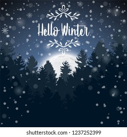 Happy Winter with evening Forest and half moonlight