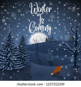 Happy Winter with evening Forest Landscape and fox animal