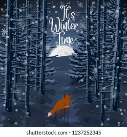 Happy Winter with evening Forest Landscape and fox animal