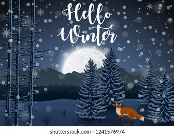 Happy Winter with evening Forest Landscape and fox animal