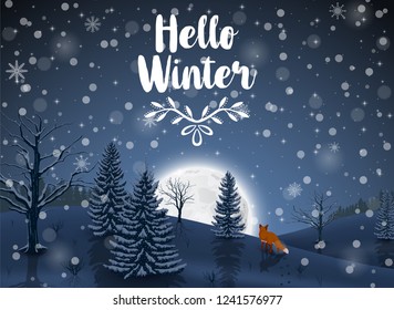 Happy Winter with evening Forest Landscape and fox animal