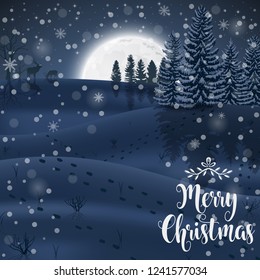 Happy Winter with evening Forest Landscape and deer animal