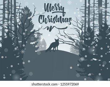 Happy Winter with evening Forest Landscape and fox animal