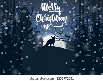 Happy Winter with evening Forest Landscape and fox animal