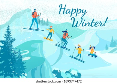 Happy Winter Family Recreation Time Together on Ski Resort. Mother, Father with Children Skiing on Snow Capped Mountains Slopes. Advertising Flat Poster. New Year, Christmas. Vector Flat Illustration