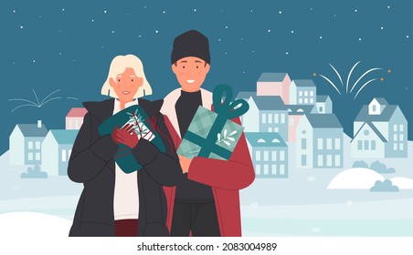 Happy winter festive season and people with gifts vector illustration. Cartoon Christmas greeting card, man and woman holding xmas surprise present box for family in hands, standing in city landscape