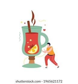 Happy winter flat composition with glass of hot mulled wine with lemon slice and cinnamon stick vector illustration