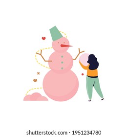 Happy winter flat composition with human character of woman making snowman from snow balls vector illustration