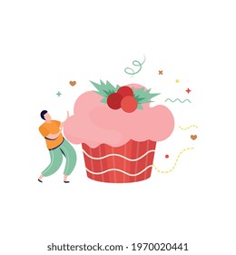 Happy winter flat composition with male character and purple cake with berry topping vector illustration