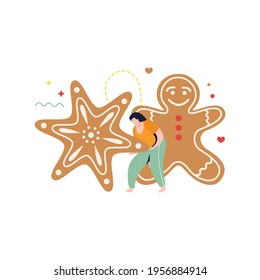 Happy winter flat composition with woman character near big festive cookies vector illustration