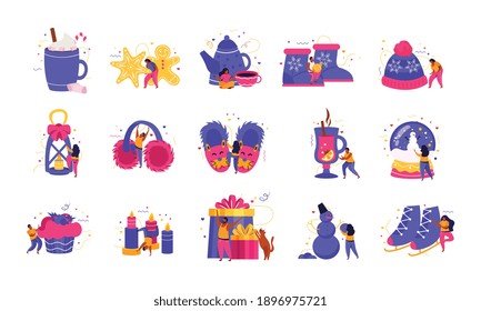 Happy winter flat set of isolated icons with sweets and warm clothes snowman and human characters vector illustration