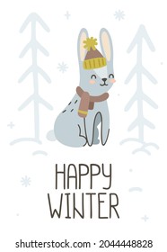 Frohe Winterwälder sind in Hut und Schal. Schneetag. Druck für Tapete, Kleidung, Karte, Textilien, Gewebe, Kindergarten, Schreibwaren, Kindergarten.