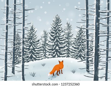 Happy Winter with Forest Landscape and fox animal