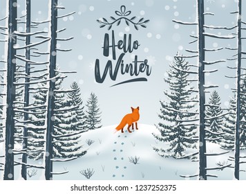 Happy Winter With Forest Landscape And Fox Animal