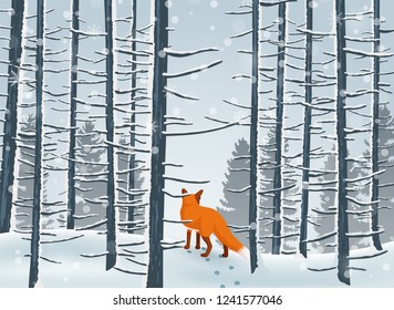 Happy Winter with Forest Landscape and fox animal