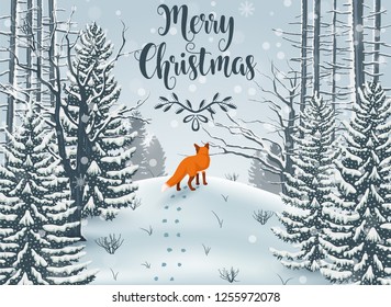 Happy Winter with Forest Landscape and fox animal