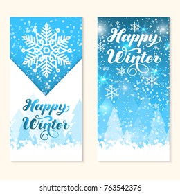 Happy Winter gift card. Elegant handwritten calligraphy for winter holidays. Volumetric letters with shadow and snowflakes. For cards, invitations, prints etc.