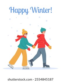 Happy winter greeting card or banner. Boy and girl in warm clothes skating on ice. Happy couple of young people on skating rink in winter. Vector illustration on white background.