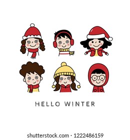 Happy winter greeting card with cute kids. Boy and girl in Christmas costume. Holidays cartoon character doodle.