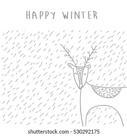 Happy winter. Hand drawn  Christmas greeting card with cute deer on snow background. Stylish vector illustration