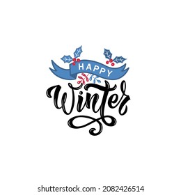 Happy winter handwritten text. Hand drawn lettering. Modern brush calligraphy isolated on white background for banner, card, invitation, poster, gift tag. Vector colorful illustration, season greeting