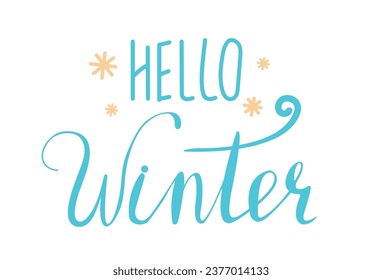 Happy Winter handwritten text, hand lettering with snowflakes isolated on white background. Brush calligraphy for greeting card, poster, print, sticker, decor. Winter holidays vector illustration