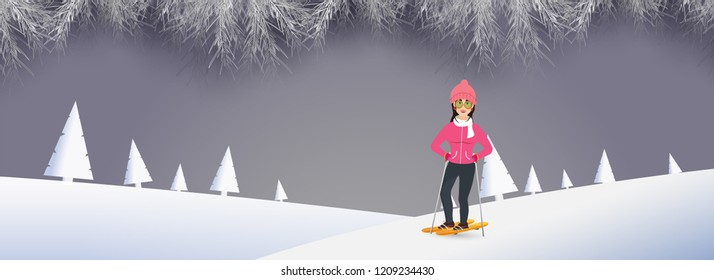 Feliz diseño de encabezado o banner de invierno con ilustración de una chica patinando sobre un fondo montañoso nevado.