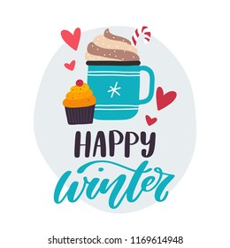Happy Winter. Holiday card with a cup of hot cocoa. Vector illustration 