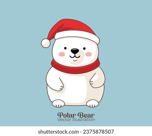 Happy winter holiday with cute polar bear in Santa hat, Vector Christmas cartoon character