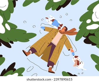 Felices vacaciones de invierno. Dueño de perro en el bosque, haciendo ángel de nieve, disfrutando del clima nevado. Gracioso personaje masculino con cachorros en la naturaleza en invierno, vacaciones de Navidad. Ilustración vectorial plana