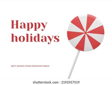 Happy winter holiday greeting card template striped red twisted lollipop realistic 3d icon vector illustration. Merry Christmas congratulations banner design sweet candy dessert treat