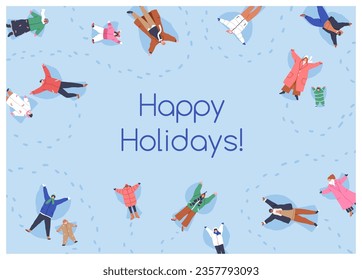 Happy winter holiday, greeting card background. People, children making snow angels on wintertime vacations. Outdoor fun in snowy cold weather, Christmas mood postcard. Flat vector illustration