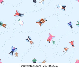 Happy winter holiday pattern. People making snow angels, funny endless background. Seamless repeating print design for textile, fabric, wrapping. Repeatable printable flat graphic vector illustration