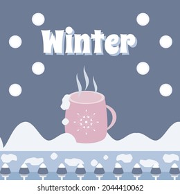 Happy winter holiday with snow landscapes horizon background that coffee mug on the mountain, forest, snowball, snowflake, pine tree, and text. The design for banner, sale, card, poster. Flat vector.