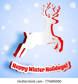 Happy winter holidays background with deer silhouette and snowflakes flat vector illustration
