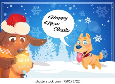 Happy Winter Holidays Banner Background With Cute Dogs Over Snowy Forest New Year Greeting Poster Flat Vector Illustration