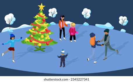 Feliz concepto de vacaciones de invierno. Grupo de personas disfrutando de los días de frío en la gran ciudad, pasando tiempo con la familia y amigos en pista de hielo. Árbol de navidad adornado. Caracteres en la diapositiva al aire libre sobre patinaje sobre hielo