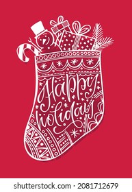 Happy winter holidays - cute hand drawn postcard. Merry christmas and happy new year, holly jolly, let it snow - lettering poster art. Lettering template for banner, t-shirt design.