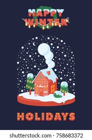 Happy winter holidays. Flat vector illustration with cute house on snow.  Snow globe for Christmas and New Year atmosphere. Snowflake and Christmas tree background.  Image for postcard, banner and web
