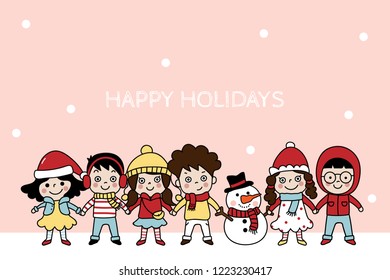 Happy winter holidays greeting card with cute kids and snowman. Boy and girl in Christmas costume. Cartoon character doodle.