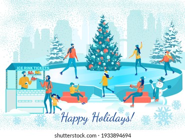 Happy Winter Holidays Greeting Card Template. People Enjoying Cold Days in Big City, Spending Time with Family and Friends on Ice Rink. Decorated Christmas Tree. Funny Snowman in Deep Snowdrift.