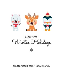 Happy Winter Holidays greeting card with cute animals. Winter holiday illustration of a cartoon little polar bear, a deer and a penguin. Vector illustration 10 EPS.