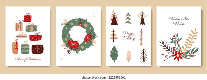 Happy winter holidays greeting card set. Cute Merry Christmas templates with decorative Xmas trees, floral wreath with lights, plants, gift boxes. Funny hand drawn vector illustrations for New Year