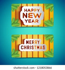 Happy winter holidays horizontal banners decorated with fir tree branches set flat isolated vecor illustration