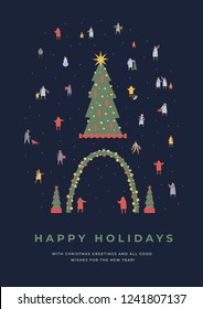 Happy winter holidays. Large group of people wearing outerwear are walking around New Year tree. Characters do Christmas shopping, walk with children, enjoy holiday. Vector colorful seasonal images.